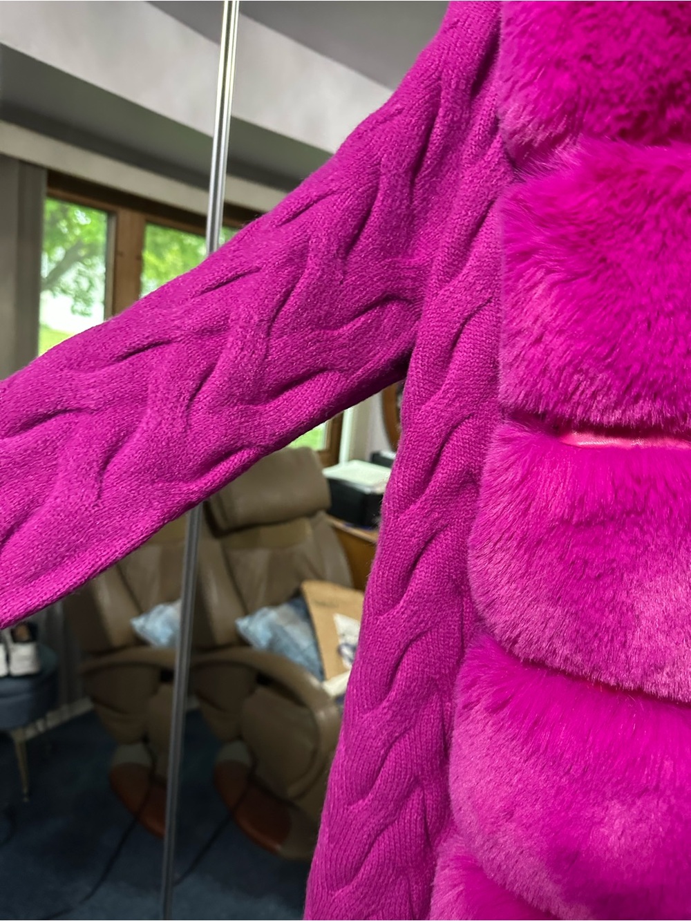 AKIRA Bold Fuchsia faux fur Knit Cardigan with Plush Trim - Picture 6 of 13
